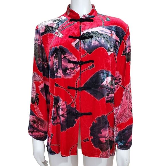 Aris A Womens XL Velvet Top Asian Crane Stand Collar Silk Knot Kimono Boho Artsy - Picture 3 of 10
